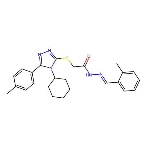 (E)-2-((4-cyclohexyl-5-(p-tolyl)-4H-1,2,4-triazol-3-yl)thio)-N'-(2-methylbenzylidene)acetohydrazide structure