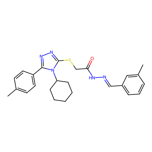 (E)-2-((4-cyclohexyl-5-(p-tolyl)-4H-1,2,4-triazol-3-yl)thio)-N'-(3-methylbenzylidene)acetohydrazide structure