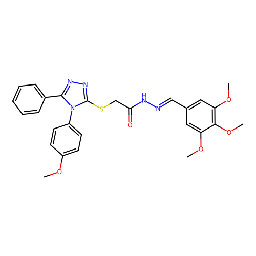 (E)-2-((4-(4-methoxyphenyl)-5-phenyl-4H-1,2,4-triazol-3-yl)thio)-N'-(3,4,5-trimethoxybenzylidene)acetohydrazide structure
