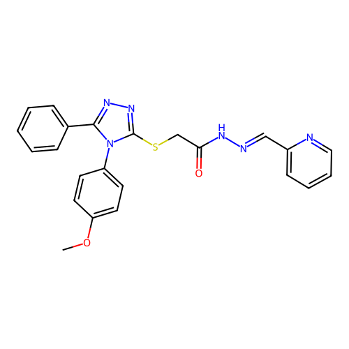 (E)-2-((4-(4-methoxyphenyl)-5-phenyl-4H-1,2,4-triazol-3-yl)thio)-N'-(pyridin-2-ylmethylene)acetohydrazide structure