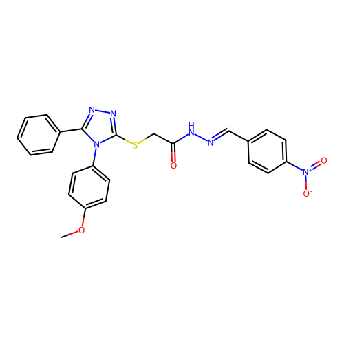 (E)-2-((4-(4-methoxyphenyl)-5-phenyl-4H-1,2,4-triazol-3-yl)thio)-N'-(4-nitrobenzylidene)acetohydrazide structure