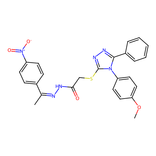 (Z)-2-((4-(4-methoxyphenyl)-5-phenyl-4H-1,2,4-triazol-3-yl)thio)-N'-(1-(4-nitrophenyl)ethylidene)acetohydrazide structure
