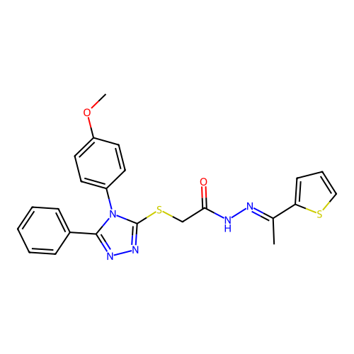 (E)-2-((4-(4-methoxyphenyl)-5-phenyl-4H-1,2,4-triazol-3-yl)thio)-N'-(1-(thiophen-2-yl)ethylidene)acetohydrazide structure