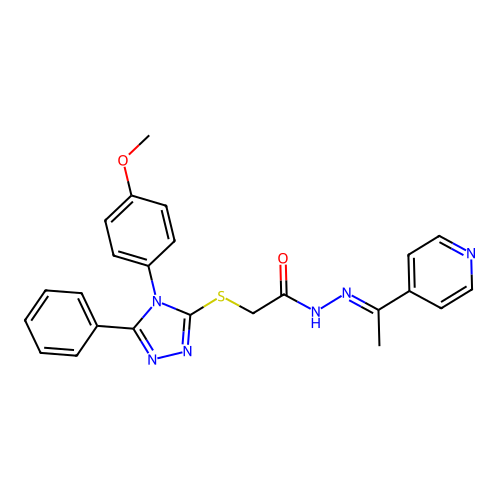 (E)-2-((4-(4-methoxyphenyl)-5-phenyl-4H-1,2,4-triazol-3-yl)thio)-N'-(1-(pyridin-4-yl)ethylidene)acetohydrazide structure