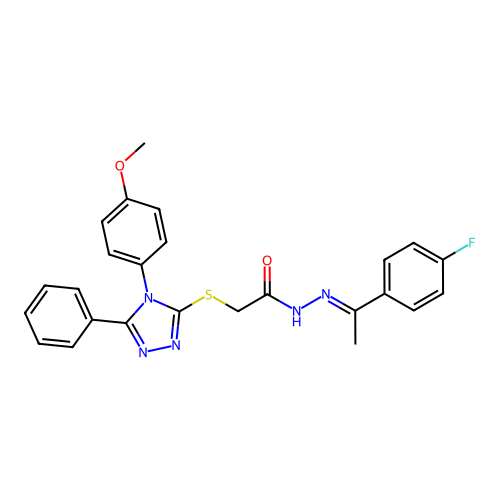 (E)-N'-(1-(4-fluorophenyl)ethylidene)-2-((4-(4-methoxyphenyl)-5-phenyl-4H-1,2,4-triazol-3-yl)thio)acetohydrazide structure