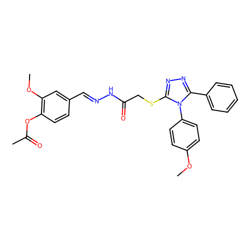 (E)-2-methoxy-4-((2-(2-((4-(4-methoxyphenyl)-5-phenyl-4H-1,2,4-triazol-3-yl)thio)acetyl)hydrazono)methyl)phenyl acetate structure