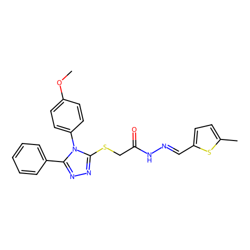 (E)-2-((4-(4-methoxyphenyl)-5-phenyl-4H-1,2,4-triazol-3-yl)thio)-N'-((5-methylthiophen-2-yl)methylene)acetohydrazide structure