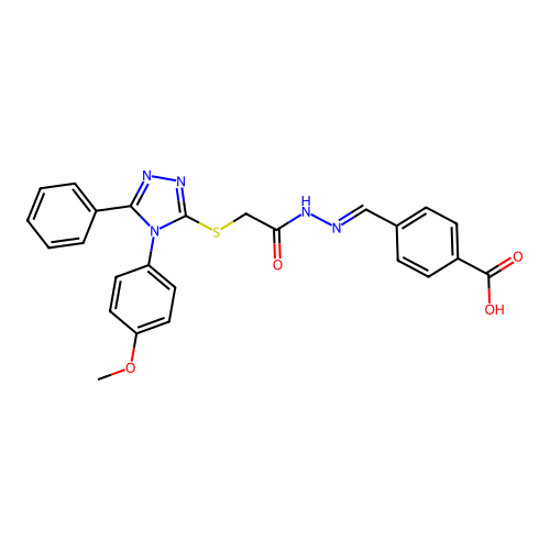 (E)-4-((2-(2-((4-(4-methoxyphenyl)-5-phenyl-4H-1,2,4-triazol-3-yl)thio)acetyl)hydrazono)methyl)benzoic acid structure
