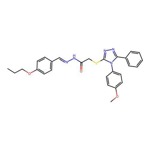 (E)-2-((4-(4-methoxyphenyl)-5-phenyl-4H-1,2,4-triazol-3-yl)thio)-N'-(4-propoxybenzylidene)acetohydrazide structure