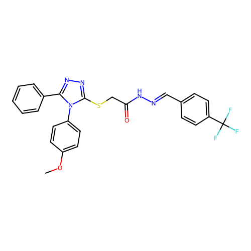 (E)-2-((4-(4-methoxyphenyl)-5-phenyl-4H-1,2,4-triazol-3-yl)thio)-N'-(4-(trifluoromethyl)benzylidene)acetohydrazide structure
