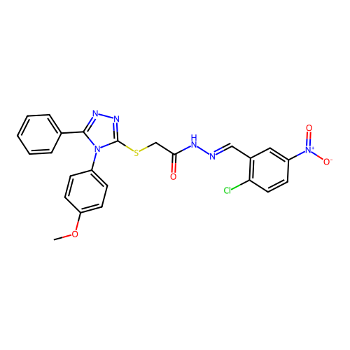 (E)-N'-(2-chloro-5-nitrobenzylidene)-2-((4-(4-methoxyphenyl)-5-phenyl-4H-1,2,4-triazol-3-yl)thio)acetohydrazide structure