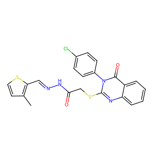 (E)-2-((3-(4-chlorophenyl)-4-oxo-3,4-dihydroquinazolin-2-yl)thio)-N'-((3-methylthiophen-2-yl)methylene)acetohydrazide structure