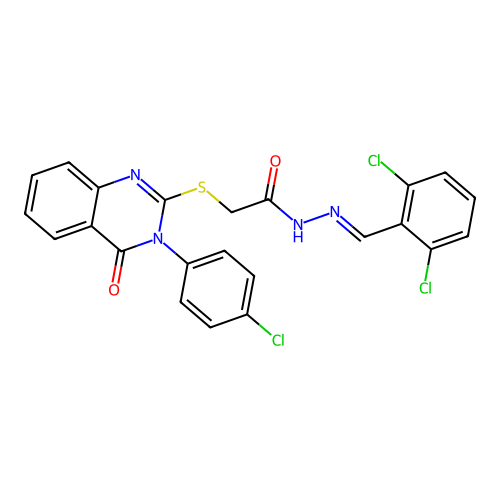(E)-2-((3-(4-chlorophenyl)-4-oxo-3,4-dihydroquinazolin-2-yl)thio)-N'-(2,6-dichlorobenzylidene)acetohydrazide structure
