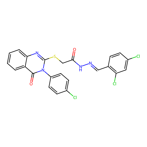 (E)-2-((3-(4-chlorophenyl)-4-oxo-3,4-dihydroquinazolin-2-yl)thio)-N'-(2,4-dichlorobenzylidene)acetohydrazide structure