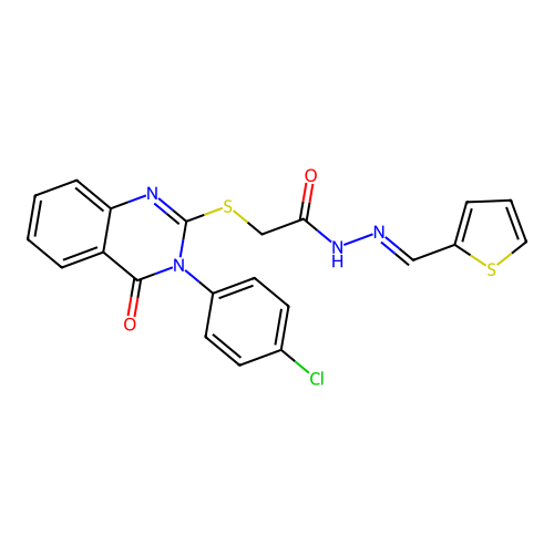(E)-2-((3-(4-chlorophenyl)-4-oxo-3,4-dihydroquinazolin-2-yl)thio)-N'-(thiophen-2-ylmethylene)acetohydrazide structure