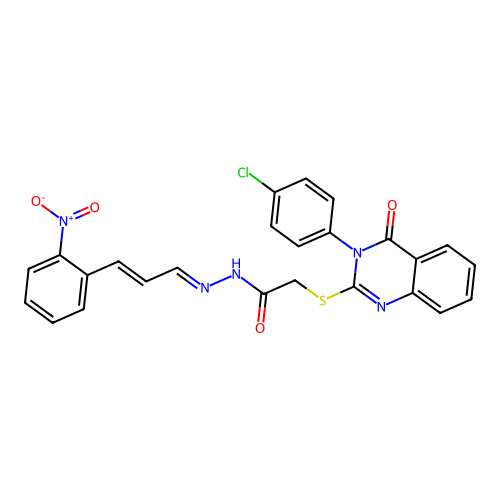 [3-(4-Chloro-phenyl)-4-oxo-3,4-dihydro-quinazolin-2-ylsulfanyl]-acetic acid [(E)-3-(2-nitro-phenyl)-prop-2-en-(E)-ylidene]-hydrazide structure