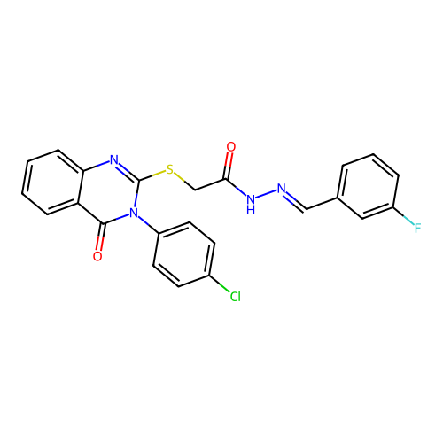 (E)-2-((3-(4-chlorophenyl)-4-oxo-3,4-dihydroquinazolin-2-yl)thio)-N'-(3-fluorobenzylidene)acetohydrazide structure