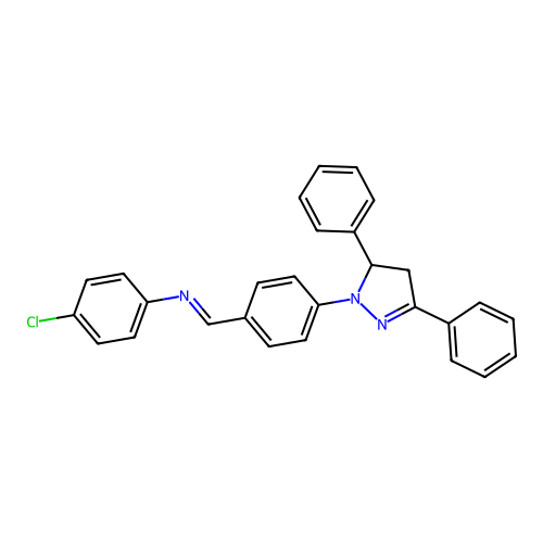 (E)-4-chloro-N-(4-(3,5-diphenyl-4,5-dihydro-1H-pyrazol-1-yl)benzylidene)aniline structure