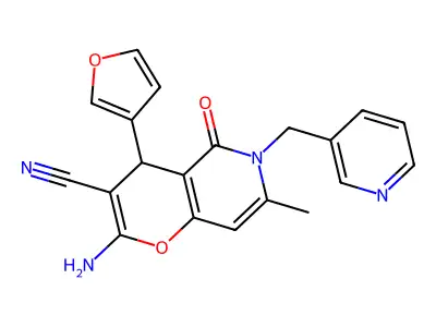 2-amino-4-(furan-3-yl)-7-methyl-5-oxo-6-(pyridin-3-ylmethyl)-4H-pyrano[3,2-c]pyridine-3-carbonitrile structure
