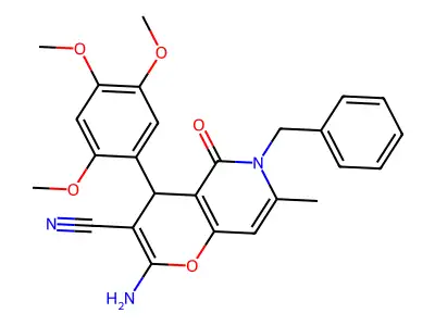 2-amino-6-benzyl-7-methyl-5-oxo-4-(2,4,5-trimethoxyphenyl)-5,6-dihydro-4H-pyrano[3,2-c]pyridine-3-carbonitrile structure