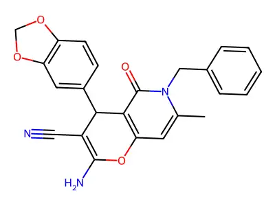2-amino-4-(1,3-benzodioxol-5-yl)-6-benzyl-7-methyl-5-oxo-5,6-dihydro-4H-pyrano[3,2-c]pyridine-3-carbonitrile structure