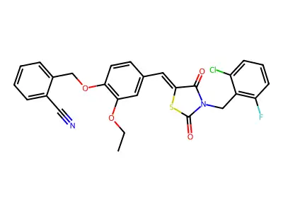 2-{[4-({3-[(2-Chloro-6-fluorophenyl)methyl]-2,4-dioxo-1,3-thiazolidin-5-ylidene}methyl)-2-ethoxyphenoxy]methyl}benzonitrile structure