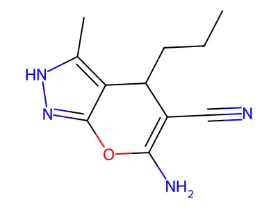 6-Amino-3-methyl-4-propyl-1,4-dihydropyrano[2,3-c]pyrazole-5-carbonitrile structure