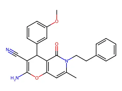 2-amino-4-(3-methoxyphenyl)-7-methyl-5-oxo-6-phenethyl-5,6-dihydro-4H-pyrano[3,2-c]pyridine-3-carbonitrile structure