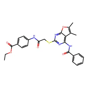 ethyl 4-(2-((4-benzamido-5,6-dimethylfuro[2,3-d]pyrimidin-2-yl)thio)acetamido)benzoate structure