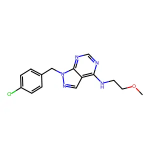 1-(4-chlorobenzyl)-N-(2-methoxyethyl)-1H-pyrazolo[3,4-d]pyrimidin-4-amine structure