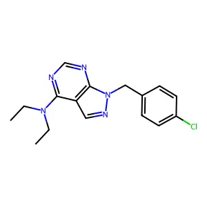 1-(4-chlorobenzyl)-N,N-diethyl-1H-pyrazolo[3,4-d]pyrimidin-4-amine structure