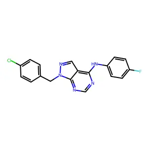 1-(4-chlorobenzyl)-N-(4-fluorophenyl)-1H-pyrazolo[3,4-d]pyrimidin-4-amine structure