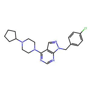 1-(4-chlorobenzyl)-4-(4-cyclopentylpiperazin-1-yl)-1H-pyrazolo[3,4-d]pyrimidine structure