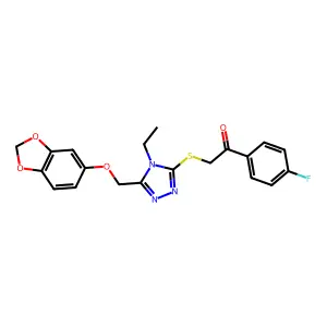 2-[[5-(1,3-benzodioxol-5-yloxymethyl)-4-ethyl-1,2,4-triazol-3-yl]sulfanyl]-1-(4-fluorophenyl)ethanone structure