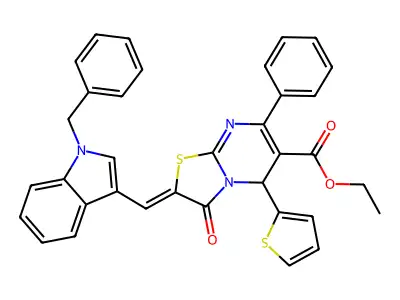 Ethyl 2-[(1-benzyl-1H-indol-3-yl)methylidene]-3-oxo-7-phenyl-5-(thiophen-2-yl)-2,3-dihydro-5H-[1,3]thiazolo[3,2-a]pyrimidine-6-carboxylate structure