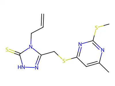 5-({[6-Methyl-2-(methylsulfanyl)pyrimidin-4-yl]sulfanyl}methyl)-4-(prop-2-en-1-yl)-2,4-dihydro-3H-1,2,4-triazole-3-thione structure