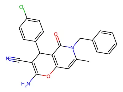 2-amino-6-benzyl-4-(4-chlorophenyl)-7-methyl-5-oxo-5,6-dihydro-4H-pyrano[3,2-c]pyridine-3-carbonitrile structure