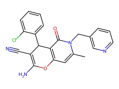 2-amino-4-(2-chlorophenyl)-7-methyl-5-oxo-6-(pyridin-3-ylmethyl)-5,6-dihydro-4H-pyrano[3,2-c]pyridine-3-carbonitrile structure
