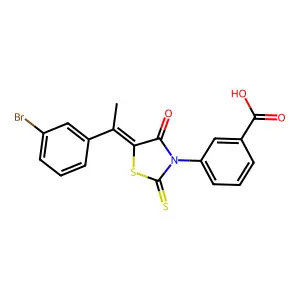 (Z)-3-(5-(1-(3-bromophenyl)ethylidene)-4-oxo-2-thioxothiazolidin-3-yl)benzoic acid structure