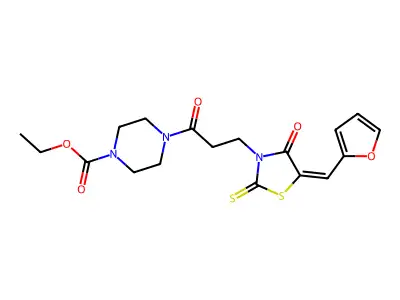 (E)-ethyl 4-(3-(5-(furan-2-ylmethylene)-4-oxo-2-thioxothiazolidin-3-yl)propanoyl)piperazine-1-carboxylate structure