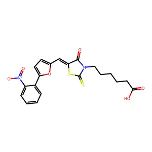 (Z)-6-(5-((5-(2-nitrophenyl)furan-2-yl)methylene)-4-oxo-2-thioxothiazolidin-3-yl)hexanoic acid structure
