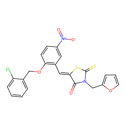 (Z)-5-(2-((2-chlorobenzyl)oxy)-5-nitrobenzylidene)-3-(furan-2-ylmethyl)-2-thioxothiazolidin-4-one structure