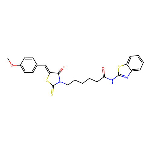 N-(1,3-benzothiazol-2-yl)-6-[(5Z)-5-[(4-methoxyphenyl)methylidene]-4-oxo-2-sulfanylidene-1,3-thiazolidin-3-yl]hexanamide structure