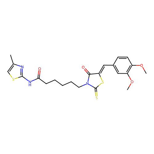 6-[(5Z)-5-[(3,4-dimethoxyphenyl)methylidene]-4-oxo-2-sulfanylidene-1,3-thiazolidin-3-yl]-N-(4-methyl-1,3-thiazol-2-yl)hexanamide structure
