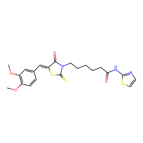 6-[(5Z)-5-[(3,4-dimethoxyphenyl)methylidene]-4-oxo-2-sulfanylidene-1,3-thiazolidin-3-yl]-N-(1,3-thiazol-2-yl)hexanamide structure