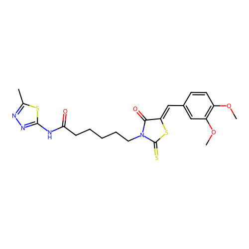 6-[(5Z)-5-[(3,4-dimethoxyphenyl)methylidene]-4-oxo-2-sulfanylidene-1,3-thiazolidin-3-yl]-N-(5-methyl-1,3,4-thiadiazol-2-yl)hexanamide structure