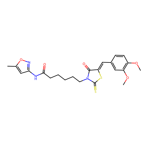 6-[(5Z)-5-[(3,4-dimethoxyphenyl)methylidene]-4-oxo-2-sulfanylidene-1,3-thiazolidin-3-yl]-N-(5-methyl-1,2-oxazol-3-yl)hexanamide structure