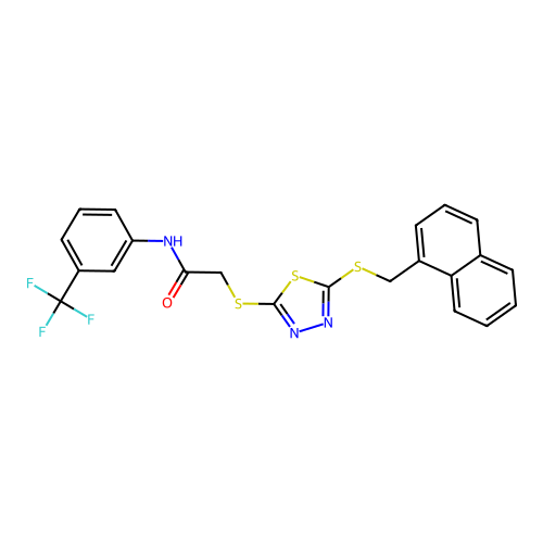 2-({5-[(naphthalen-1-ylmethyl)sulfanyl]-1,3,4-thiadiazol-2-yl}sulfanyl)-N-[3-(trifluoromethyl)phenyl]acetamide structure
