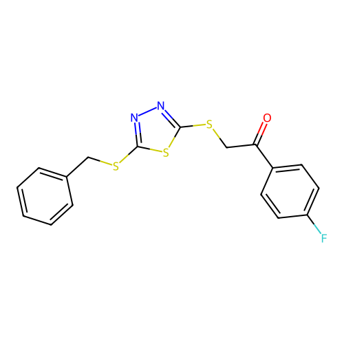 2-((5-(Benzylthio)-1,3,4-thiadiazol-2-YL)thio)-1-(4-fluorophenyl)ethanone structure
