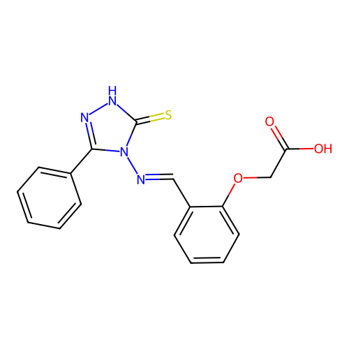(E)-2-(2-(((3-mercapto-5-phenyl-4H-1,2,4-triazol-4-yl)imino)methyl)phenoxy)acetic acid structure